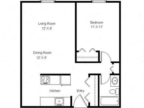 A floor plan of a small apartment with a living room, dining room, kitchen, and bedroom.